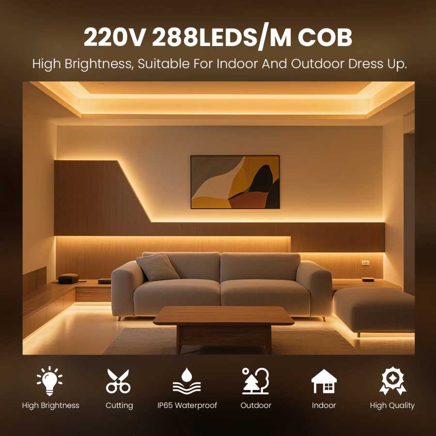 Фотография №1 товара Светодиодная лента COB 220 В с переключателем/диммером, супер яркая, 288