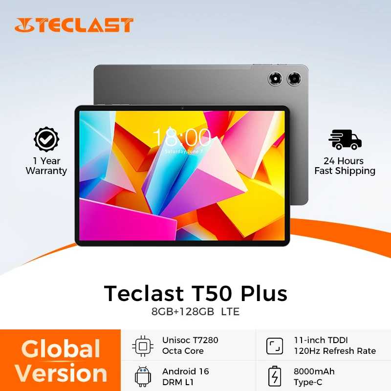 Планшет Teclast T50 Plus 11 дюймов, 120 Гц FHD дисплей, процессор UNISOC T7280, 8 ГБ ОЗУ, 128 ГБ ПЗУ, Android 16, аккумулятор 8000 мАч, 4G LTE, Dual SIM, GPS Планшеты