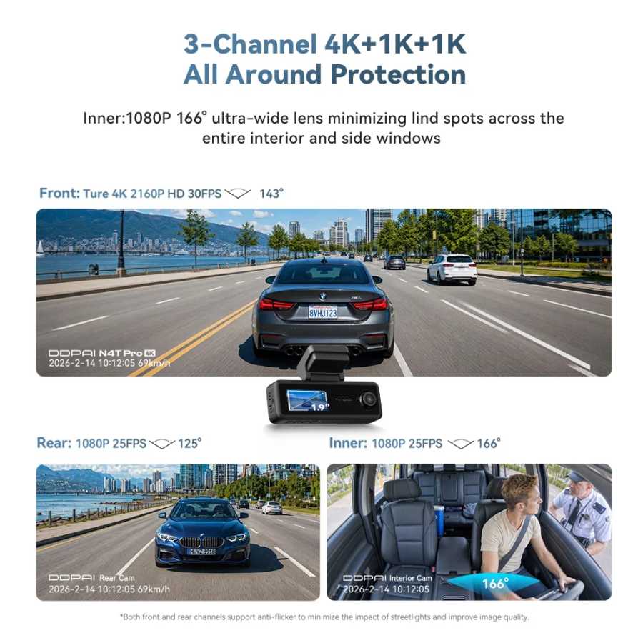 Фотография №1 товара Новинка: Видеорегистратор DDPAI N4T Pro, 3-канальный, HDR, 4K+1080P+1080P, передняя, задняя