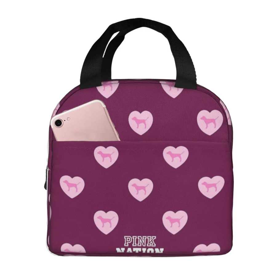 Love Pink Dog Heart Pattern Series Сумка для обеда с принтом Изолированный герметичный контейнер для ланча с передним карманом для девочек и мальчиков Сумки специального назначения