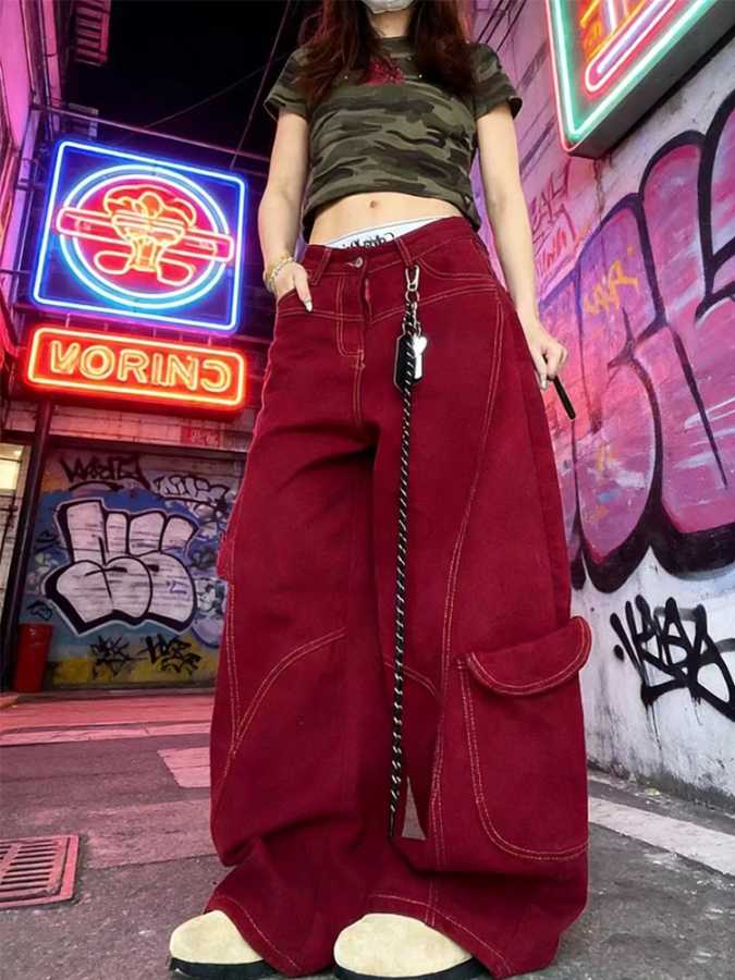 Фотография №3 товара Уличные винтажные джинсы, новые Y2K Harajuku, красные уличные мешковатые джинсы,