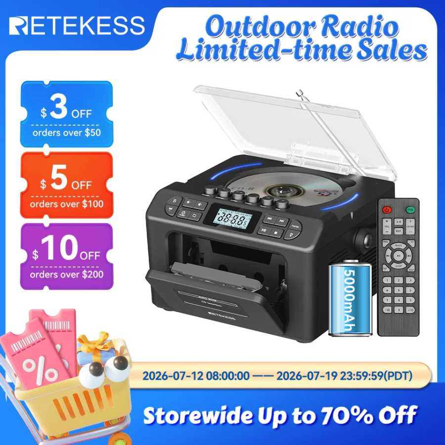 Многофункциональный Bluetooth-радиоприемник RETEKESS TR642 с CD-плеером, кассетной декой, USB, TF, AUX, пультом дистанционного управления, портативный CD-плеер для дома и в подарок Портативное аудио и видео