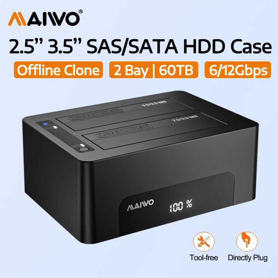 Корпус для жестких дисков MAIWO на 2 отсека с поддержкой SAS/SATA и функцией автономного клонирования, для SSD/HDD 2.5/3.5 дюйма, док-станция для SAS HDD, кейс для HDD Хранение данных