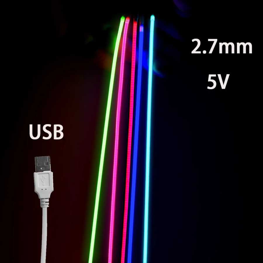 Светодиодные ленты USB 5 В COB 2,7 мм Очень тонкие многоцветные 480 светодиодов 1 м 2 м для компьютера Внутренние линейные ленточные светильники Гибкие Удобные 