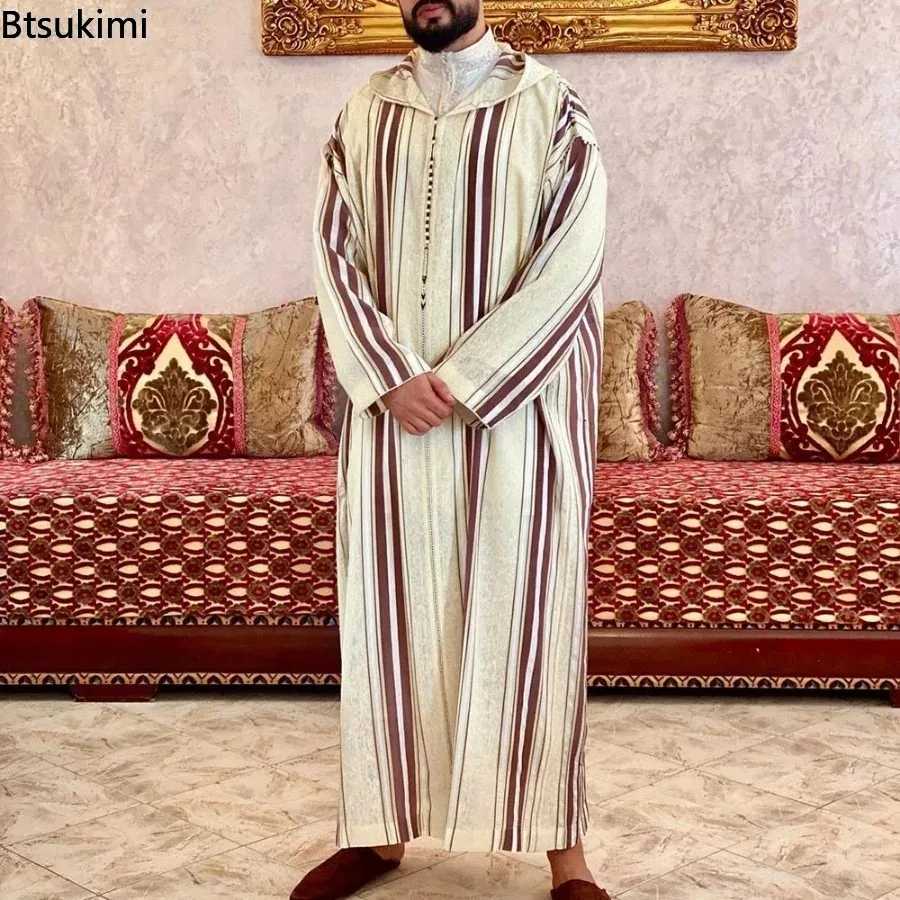 Новая мусульманская одежда Jubba Thobe, мужская толстовка с капюшоном Рамадан, весна-осень, Абая, Дубай, Турция, исламская одежда, мужская повседневная свободная красная полоска Модная одежда на Ближнем Востоке