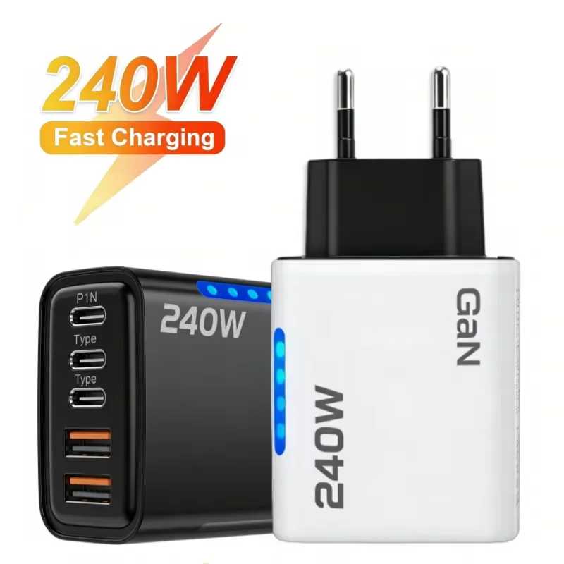 Настольное зарядное устройство GaN USB C 5 в 1, 240 Вт, адаптер для быстрой зарядки телефона, 10 А, кабель типа C для iPhone, Samsung, Xiaomi, зарядное устройство с вилкой стандарта ЕС/США Аксессуары для мобильных телефонов
