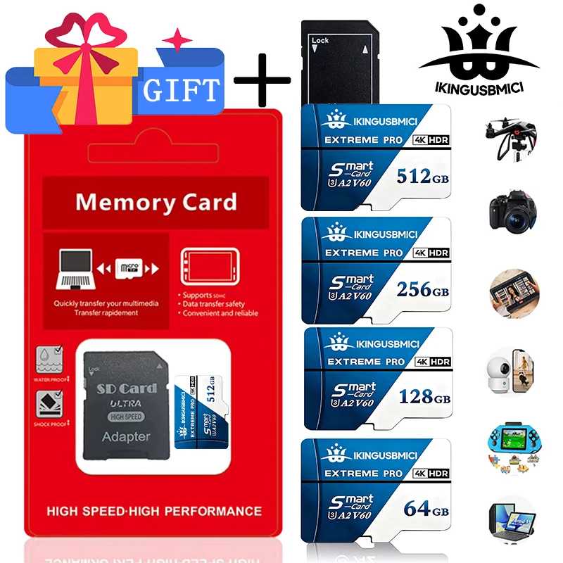 Карты памяти TF/SD, Micro TF SD Card 256GB 64GB 32GB 128GB UHS-I 4K Class 10 V10 A1, быстрое чтение и запись для камер и дронов Хранение данных