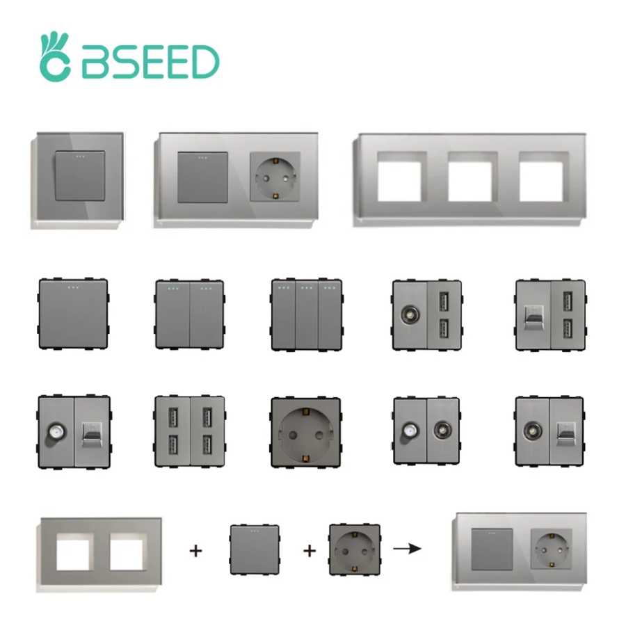 Выключатели света BSEED Детали стеклянной панели Серые настенные розетки USB Функциональные детали DIY EU CAT5 Розетки для телевизора Детали розетки серого цвета Системы умного дома
