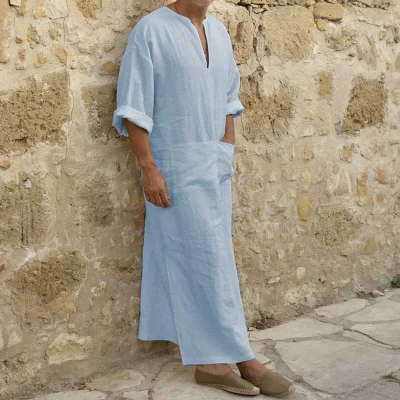 Новые мужские кафтаны Jubba Thobe, мусульманские арабские исламские однотонные хлопковые льняные халаты с v-образным вырезом и короткими рукавами, мусульманская мода, Абая, мужская Абая Модная одежда на Ближнем Востоке