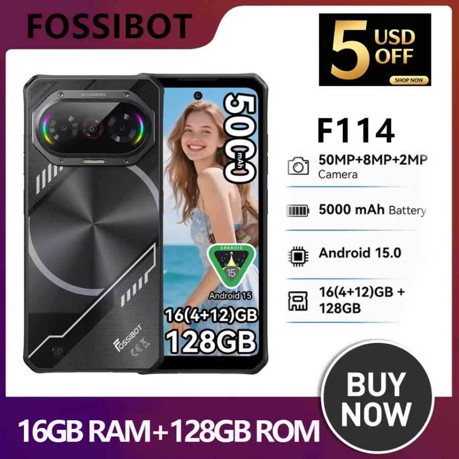 FOSSIBOT F114 Ультратонкий защищенный 4G-смартфон 4 ГБ+128 ГБ, 50 МП AI-камера, 5000 мАч, быстрая зарядка 18 Вт, Android 15, разблокированный мобильный телефон Мобильные телефоны
