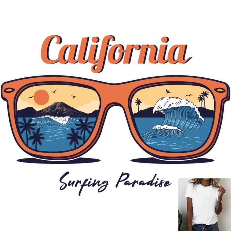 Наклейка-аппликация California Surfing Paradise с изображением солнцезащитных очков и пейзажа, с термотрансферными белыми чернилами, подходит для футболок/холста Искусство, ремесла и шитье
