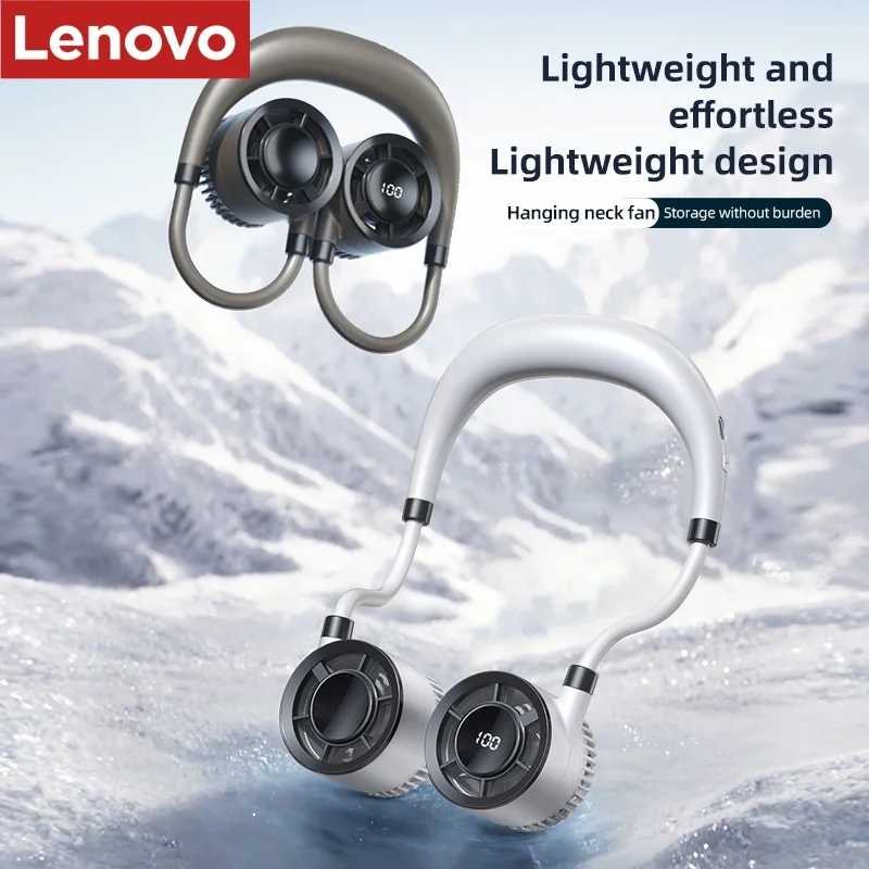 Портативный шейный вентилятор Lenovo с цифровым дисплеем, перезаряжаемый, 5000 мАч, USB-вентилятор для охлаждения, для активного отдыха, спорта и путешествий Техника для дома