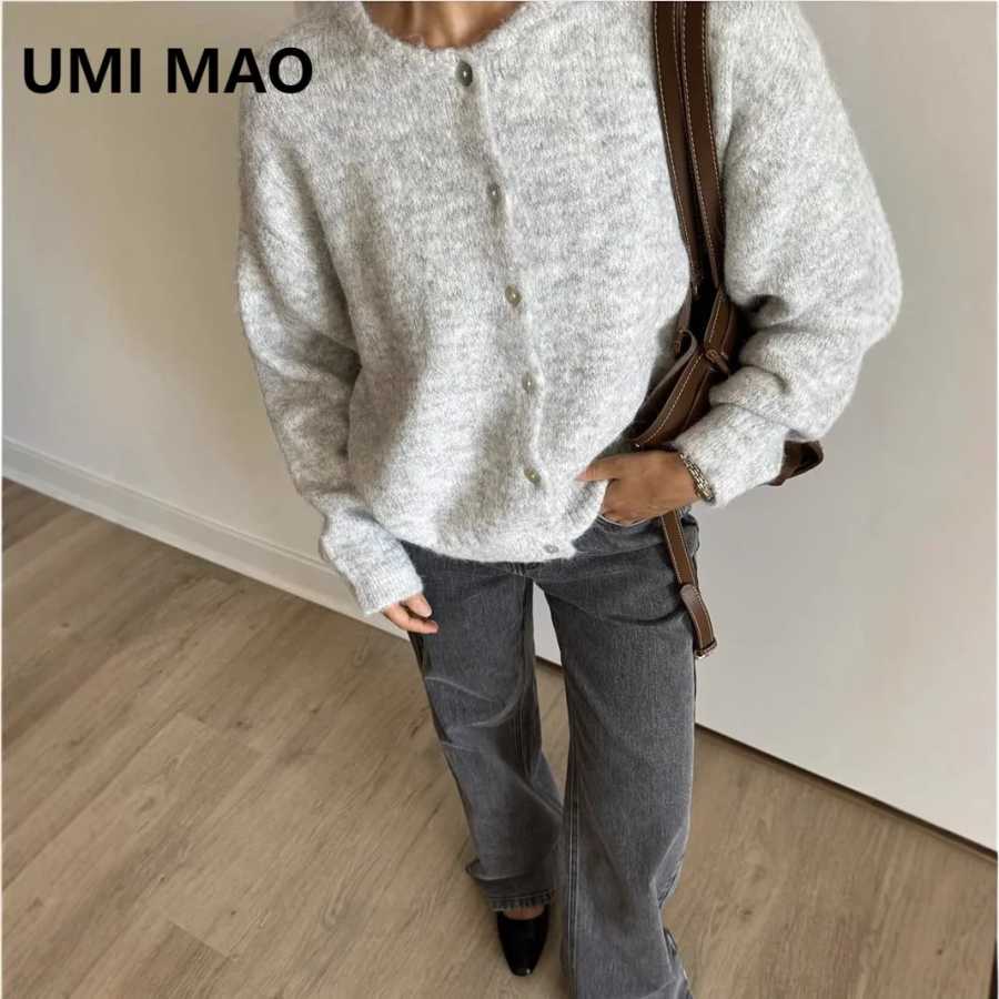 UMI MAO белый мягкий вязаный кардиган женский с пуговицами в форме ракушки серый шерстяной свитер пальто Ins стильные модные топы Femme Y2K Свитеры и джемперы