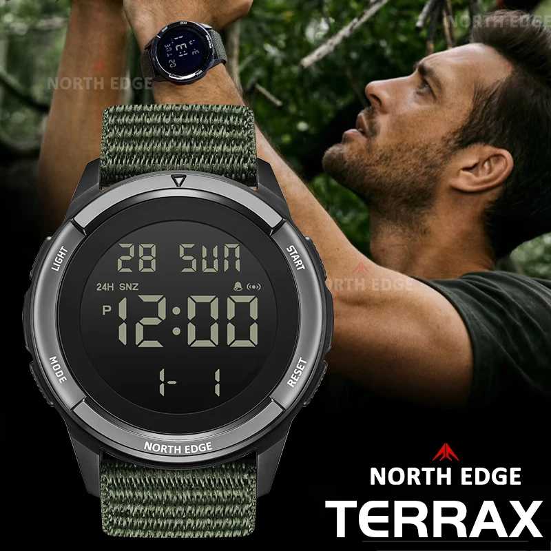 Мужские цифровые часы NORTH EDGE 2026 TERRAX для активного отдыха, водонепроницаемые (50 м), с секундомером и таймером обратного отсчета, электронные часы для мужчин Мужские часы