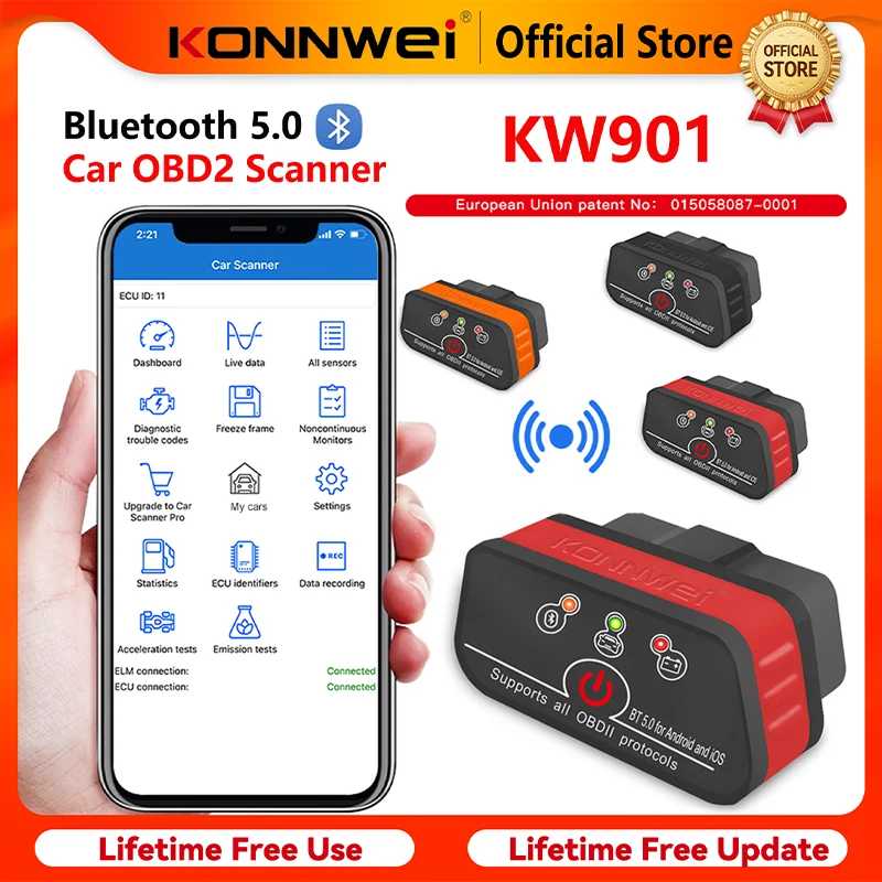 2026 KONNWEI KW901 ELM 327 OBD2 V1.5 Bluetooth 5.0 Автомобильный диагностический сканер OBD2 для Android/iOS, считыватель кодов, аналог Vgate ICAR2 Инструмент для ремонта автомобилей