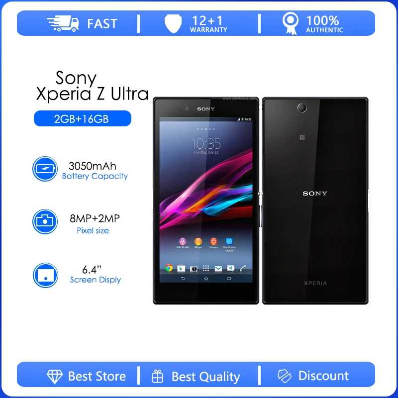 Оригинальный разблокированный сотовый телефон Sony Xperia Z Ultra LTE C6833, Восстановленный, 16 ГБ, 2 Гб, телефон с четырёхъядерным процессором, 8 Мп, 6,4 дюйма, Wi-Fi, GPS, 1080p Б/У и восстановленные телефоны