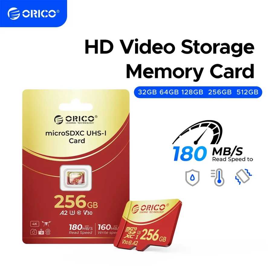 ORICO 256 ГБ Micro SD microSDXC R/W до 180 МБ/с Full HD и 4K UHD C10, U3, V30, 4K, A2 для камеры, дрона, видеорегистратора Хранение данных