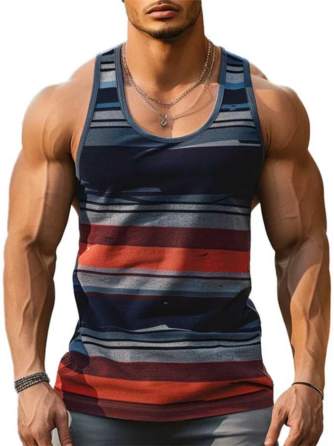 Фотография №3 товара Retro Striped Graphic Tank Tops For Men Fashion Casual Summer