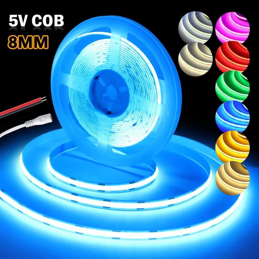 Светодиодная лента COB 5 В Гибкая светодиодная лента 8 мм 320 светодиодов/м Линейное освещение высокой плотности Белая/красная/зеленая/розовая/синяя клейкая лента Светодиодная подсветка