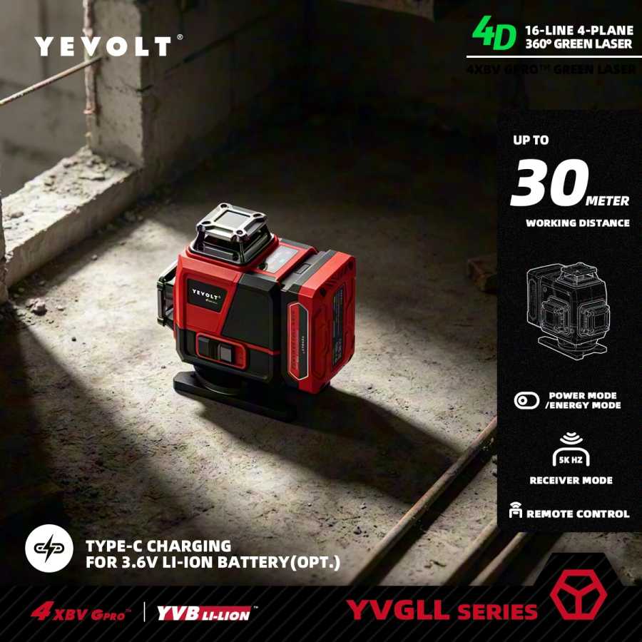 Лазерный нивелир YEVOLT 16 линий 4D зеленый, самовыравнивающийся, 4x360 &deg; Инструмент для разработки планов и монтажа настенных креплений для плитки и декоративных элементов для каминов своими руками Инструменты для измерения и анализа