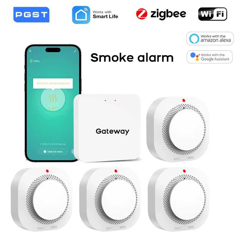Умный Wi-Fi ZigBee датчик дыма Tuya, набор из нескольких детекторов пожара для защиты дома, работает с приложением Smart Life Умные системы общественной безопасности