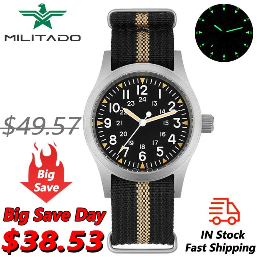 Militado ML05 38 мм винтажные часы VH31 кварцевые полевые часы с куполообразным сапфировым стеклом и прозрачным AR-покрытием наручные часы Мужские часы