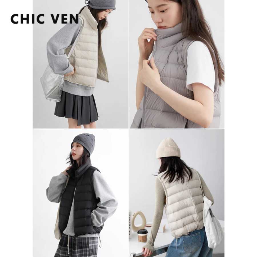 CHIC VEN Новые женские пуховые жилеты без рукавов, легкие, с наполнителем из 90% белого утиного пуха, с воротником-стойкой, осень-зима 2026 Пуховики