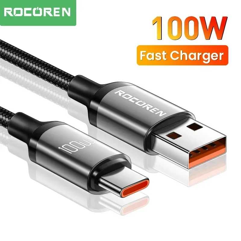 Кабель Rocoren USB Type C 100 Вт, зарядный кабель для быстрой зарядки для Xiaomi Poco F4 F3 Realme Huawei 7A Supercharge USBC, кабель для передачи данных Аксессуары для мобильных телефонов