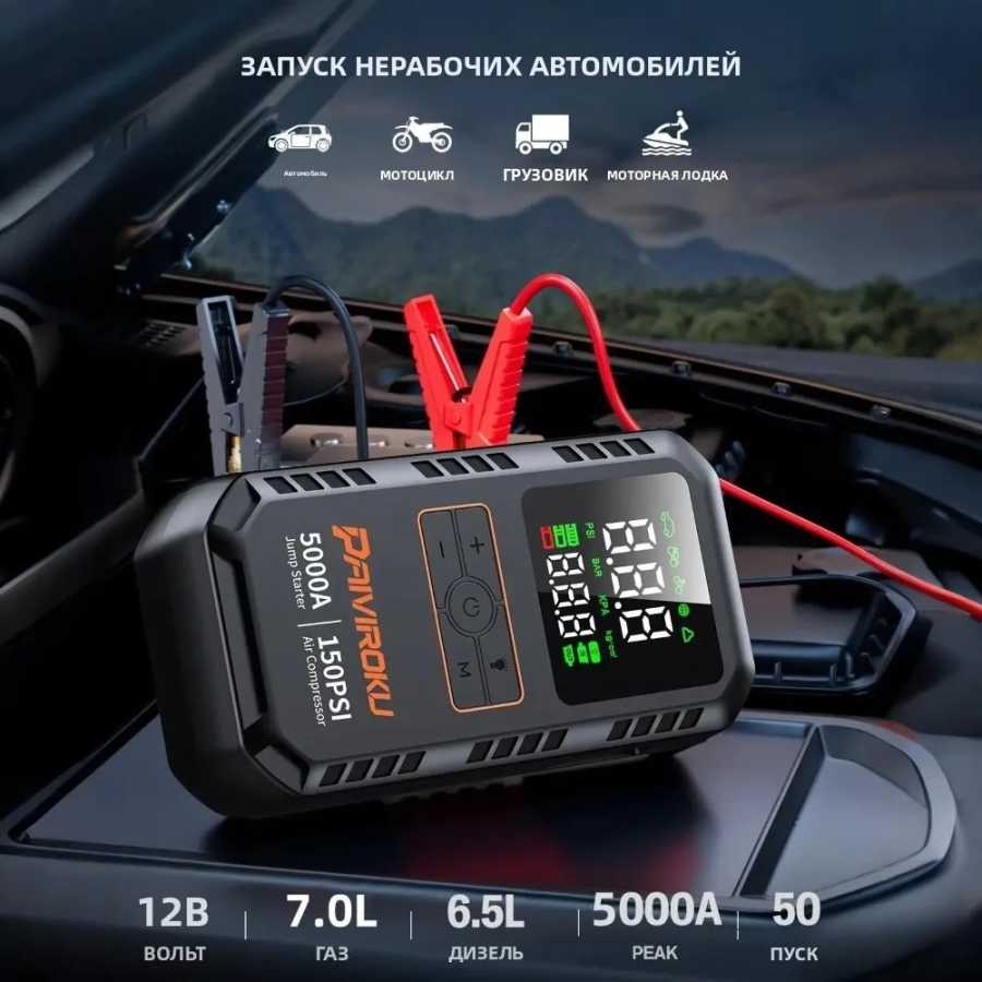 Фотография №1 товара PAIVIROKU 4-в-1: Пусковое устройство для автомобиля с компрессором, пусковой ток
