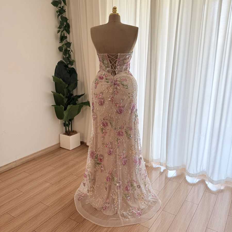 Фотография №3 товара Eshault&bridal Женское роскошное розовое вечернее платье-русалка с цветочным кружевом и