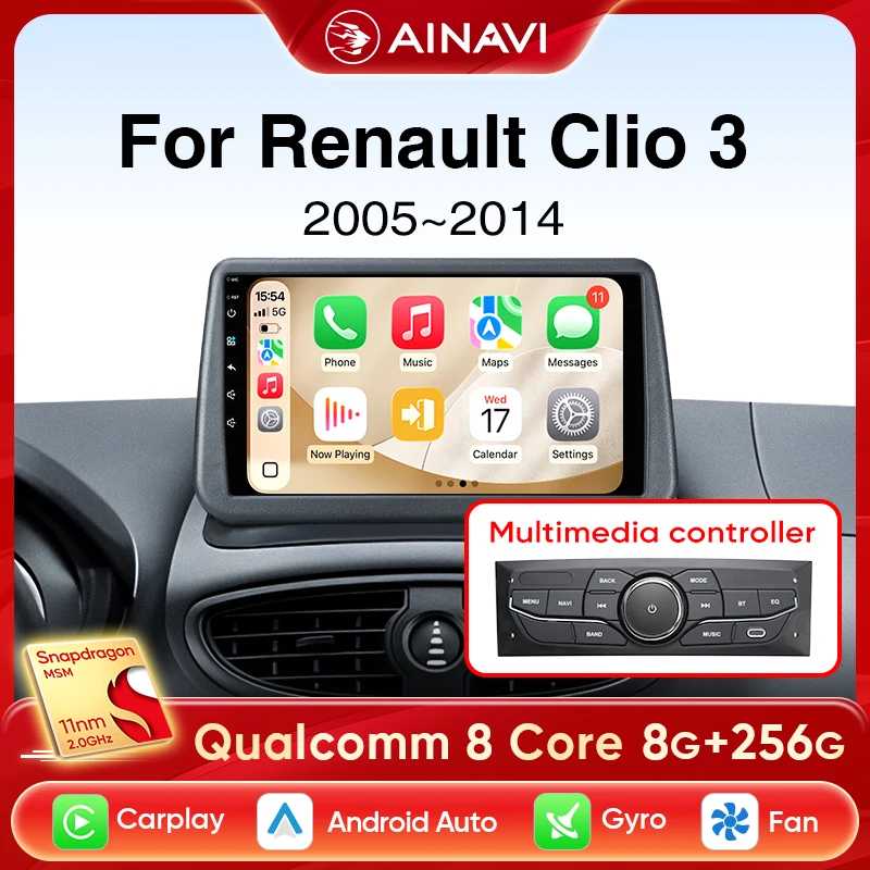 Автомобильное радио Ainavi для Renault Clio 3 2005-2014, беспроводной CarPlay, Android Auto, 4G, мультимедийный плеер, навигация, GPS, 2din, авторадио Автоэлектроника