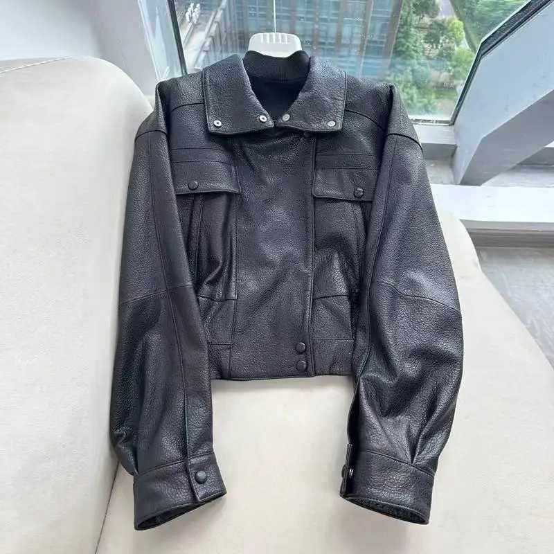 Фотография №5 товара Женская зимняя дубленка, импортная овечья кожа, женская бордовая мотоциклетная куртка