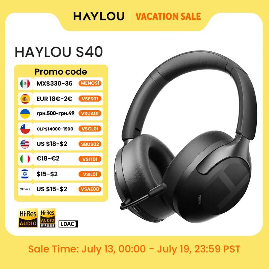 Беспроводные наушники HAYLOU S40 ANC с шумоподавлением 50 дБ, Hi-Res 3D пространственным звуком и поддержкой LDAC Bluetooth 6.0, накладные Портативное аудио и видео