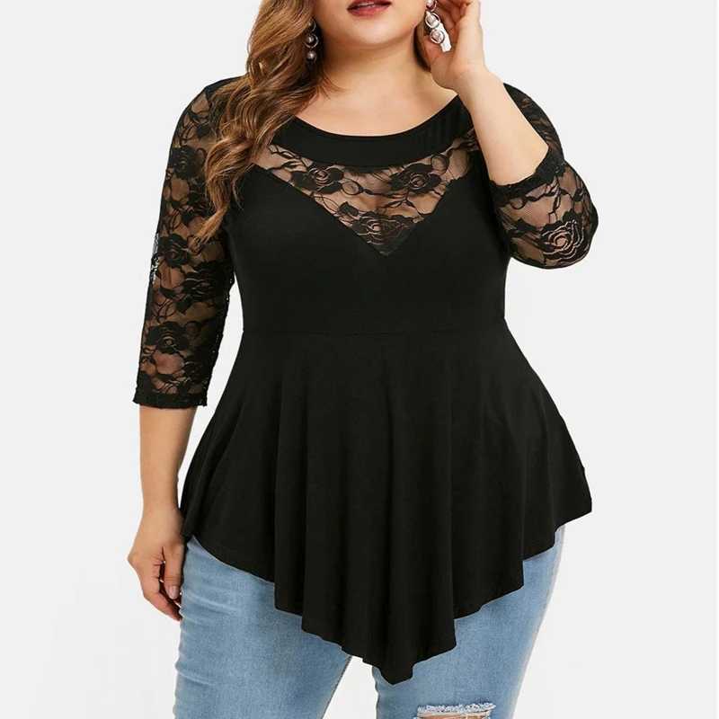 Летняя модная футболка больших размеров 4XL 5XL 6XL женская новая цветочная сексуальная кружевная футболка с нерегулярной перспективой и круглым вырезом Плюс размер, одежда