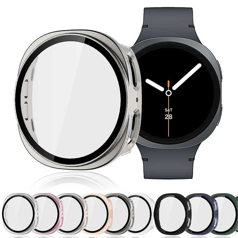 Закаленное стекло + чехол из ПК для Samsung Galaxy Watch 8 44 мм 40 мм, защитный чехол-бампер с все покрытием для Galaxy Watch 8, аксессуары Аксессуары для часов