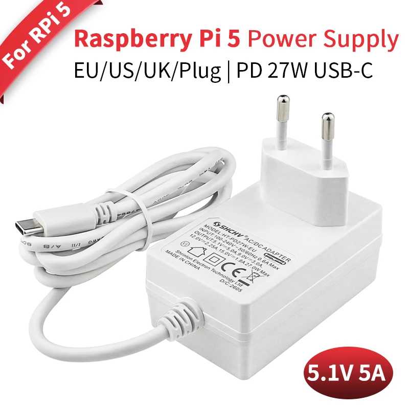 Блок питания Raspberry Pi 5 27 Вт, 5,1 В, 5 А, зарядное устройство USB Type C, вилка европейского стандарта, США, Великобритании для Raspberry Pi 5/4B RPI 5 Компьютерные комплектующие