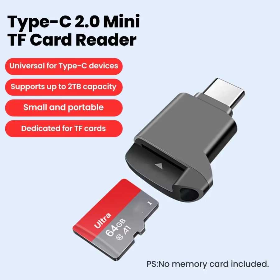 Мини-кардридер TF Type-C 2.0, внешний накопитель, черный, для карт памяти USB-C 2.0, для iPhone 17, 16, мини-кардридер TF SIM-карты и аксессуары