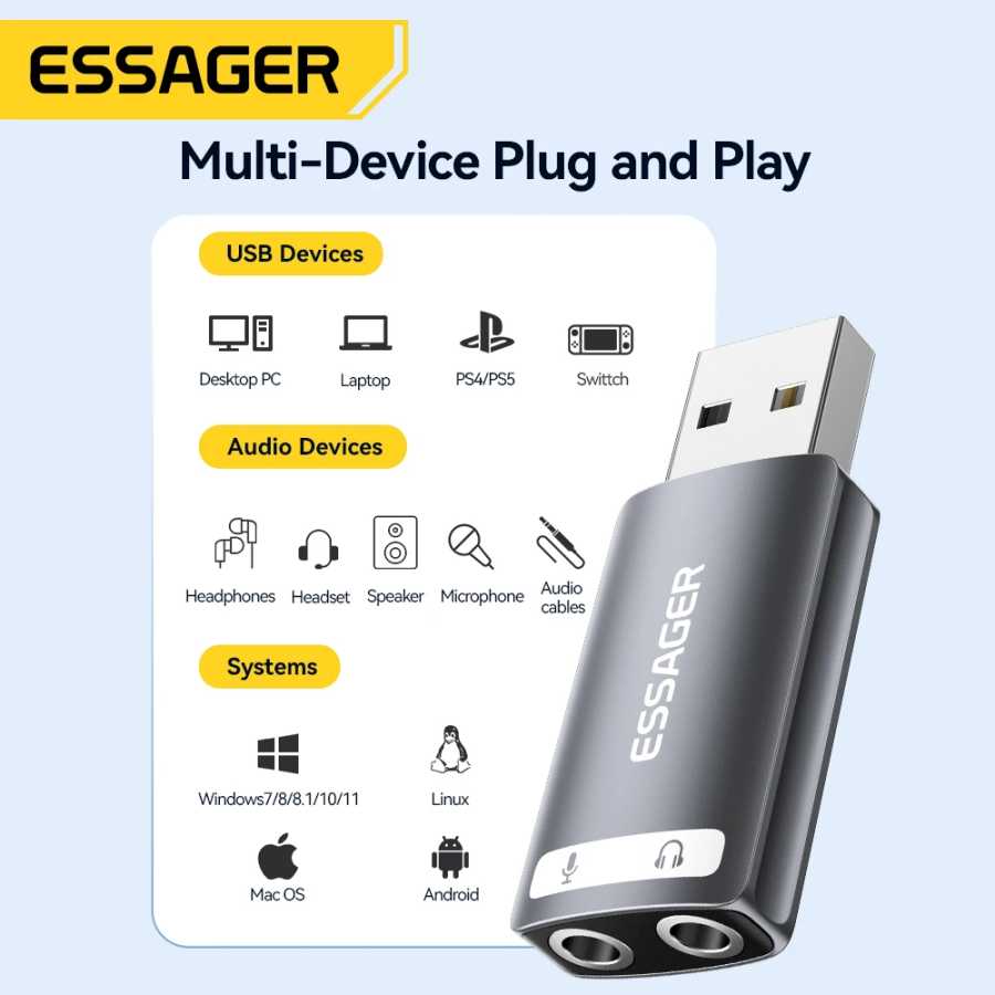Фотография №3 товара Essager внешняя звуковая карта USB для разъема для наушников с