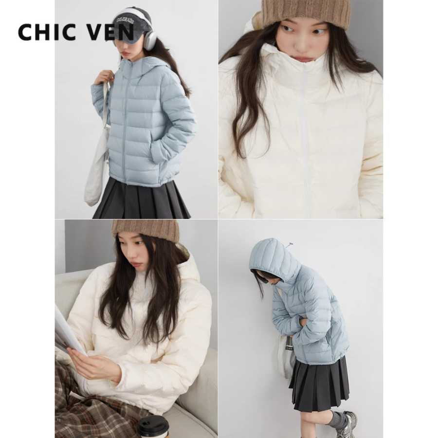 CHIC VEN женские легкие пуховые пальто однотонные свободные повседневные новые тонкие пуховики с капюшоном для девочек 90 белый утиный пух осень зима 2025 Пуховики