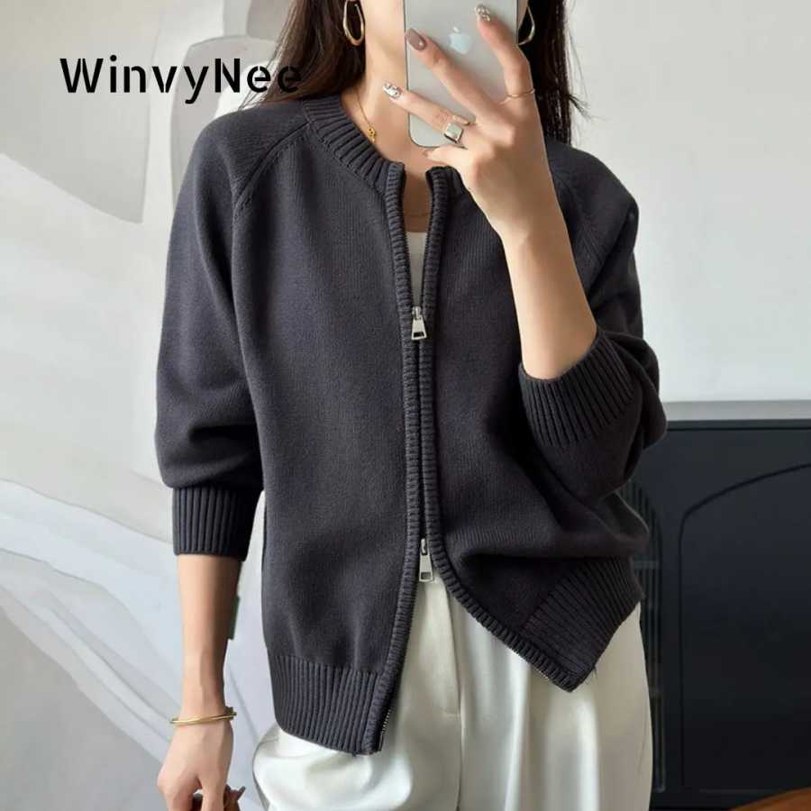 Женская одежда WinvyNee: 100% хлопковый однотонный кардиган на молнии с круглым вырезом, свободный, мягкий, плотный, с длинными рукавами, весенняя вязаная верхняя одежда ZA1002018 Свитеры и джемперы