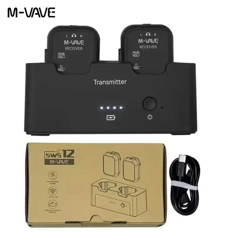 M-VAVE WP-12 Беспроводная система мониторинга наушников 2,4 ГГц 1T2R Система с сверхзадеркой воспроизведения 24 часа Зарядный чехол 1800 мАч Музыкальные инструменты