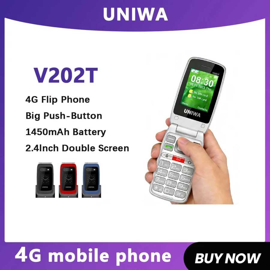 Сотовый телефон-раскладушка UNIWA V202T 4G с двумя экранами, большими кнопками, для пожилых людей, 1450 мАч, с функцией SOS Мобильные телефоны