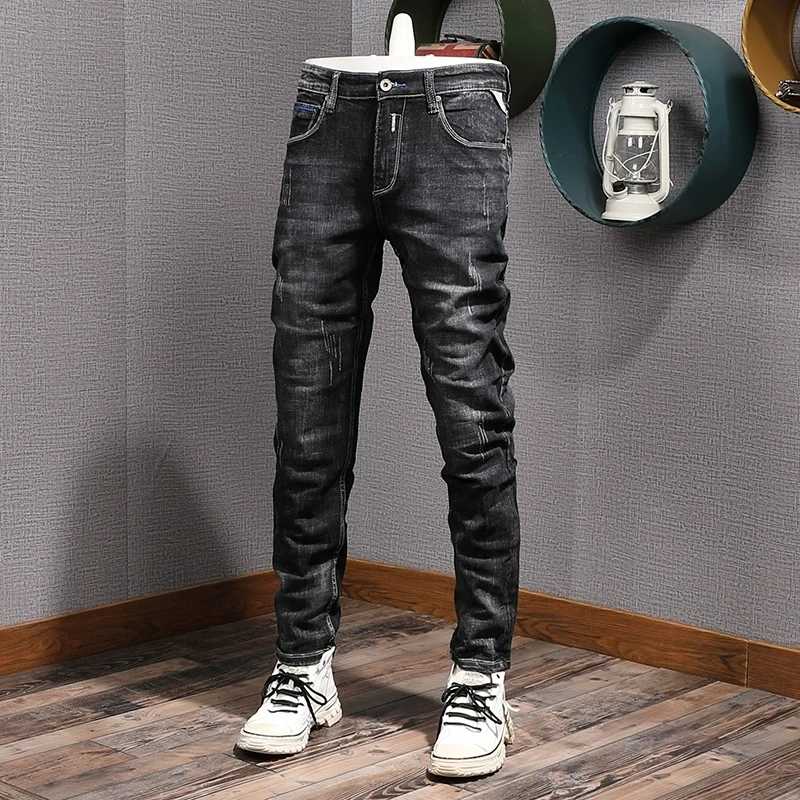 Y2K Модельер Мужские Джинсы Ретро Черные Серые Стрейч Slim Fit Вышивка Винтажные Джинсы Мужские Итальянский Стиль Повседневные Джинсовые Брюки Деним (новый)