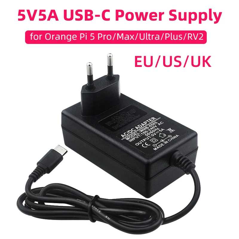 Блок питания 5 В, 5 А для Orange Pi 5 Pro / Max / Ultra / Plus / 4A / RV / RV2 USB Type-C Порт ЕС, США, Великобритания, вилка Raspberry Pi 5 Компьютерные комплектующие