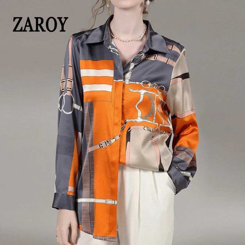 Фотография №2 товара Рубашки ZAROY S-3XL из искусственного шелка, приталенные, женские, оранжево-серые, с