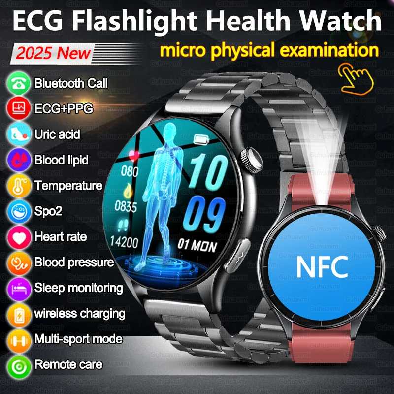 2025 Новый светодиодный фонарик NFC Bluetooth Call Smartwatch Мужчины AMOLED HD Экран ЭКГ + PPG + HRV Липиды в крови Мочевая кислота Здоровье Смарт-часы Умная электроника