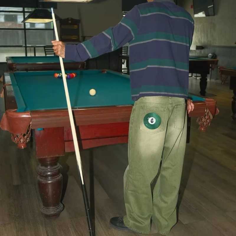 Фотография №2 товара Джинсы Y2K Street Matcha Denim с карманами, зеленые, с вышивкой