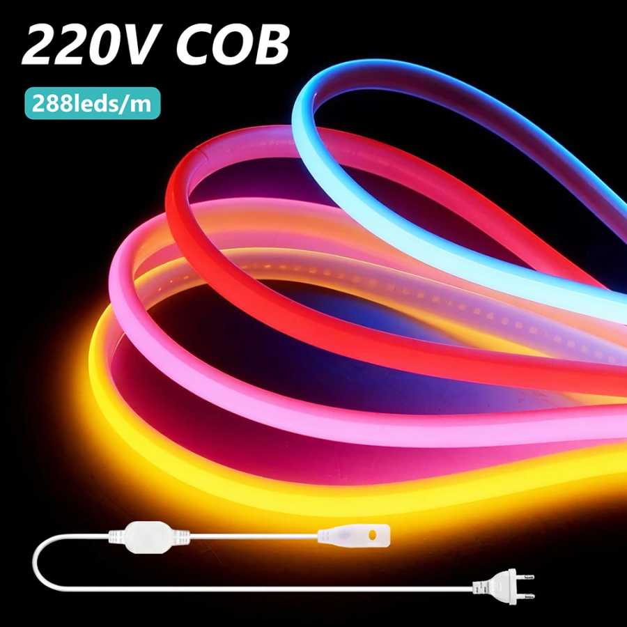 COB Светодиодная неоновая лента 220 В ЕС Power Kit 10 цветов Белый Красный Ледяной Синий Розовый Желтый Фиолетовый Зеленый 288 Светодиоды Гибкая лампа IP67 RA90 Светодиодная подсветка