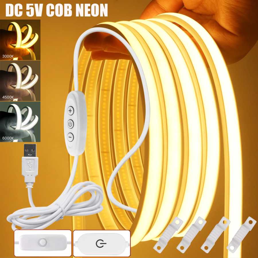 Светодиодная лента USB COB 5В с диммером/сенсорным управлением/3-кнопочным переключателем, 320 светодиодов/м, гибкая неоновая лента, водонепроницаемая, для декора Светодиодная подсветка