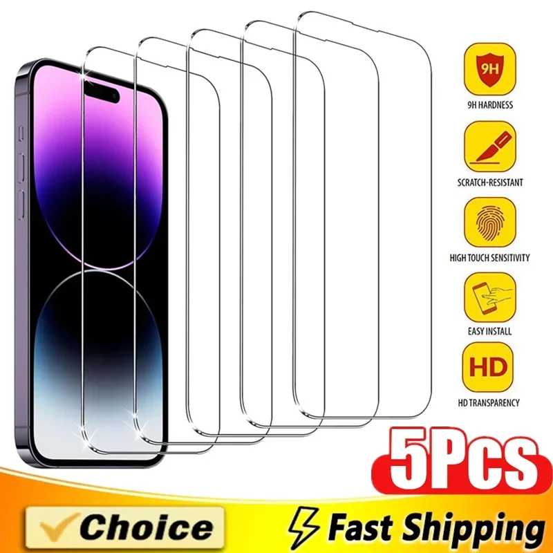 5 шт. закаленное стекло для iPhone 15 13 11 12 14 Pro Max Mini Защитная пленка для экрана для IPhone 16 17 8 Plus X XR XS MAX Защитное стекло Защитная пленка для мобильного телефона